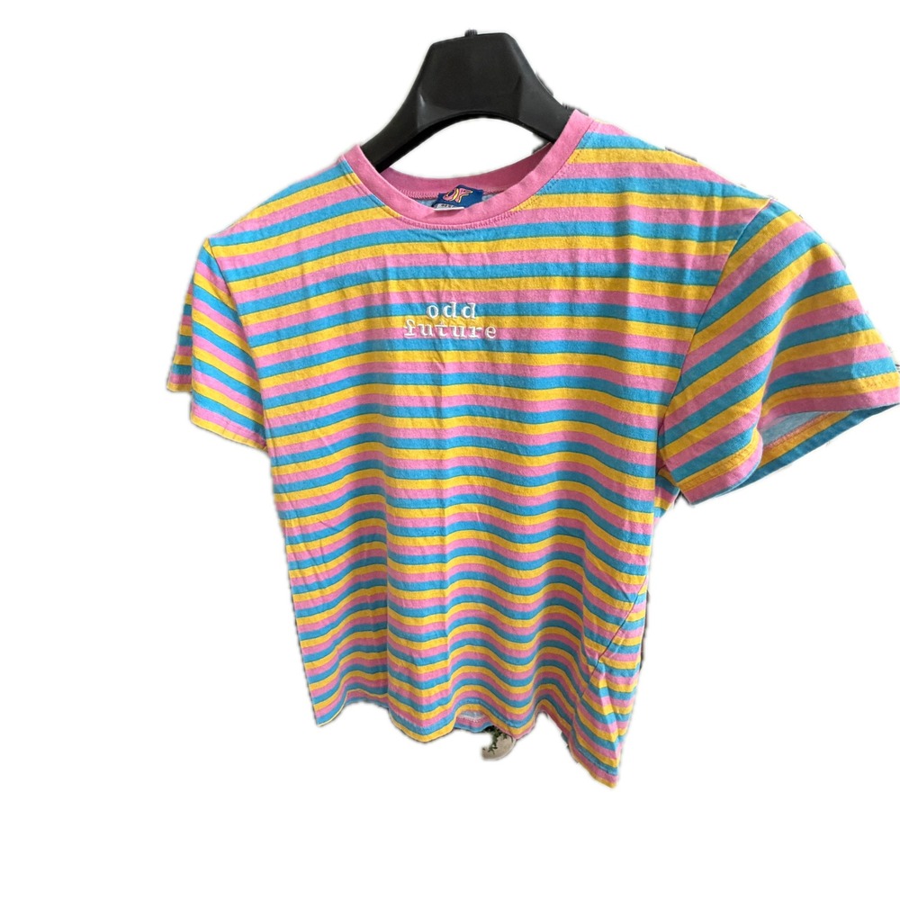 ODD FUTURE T-Shirt Mens Small Striped Yellow Blue Pink Embroidered Logo